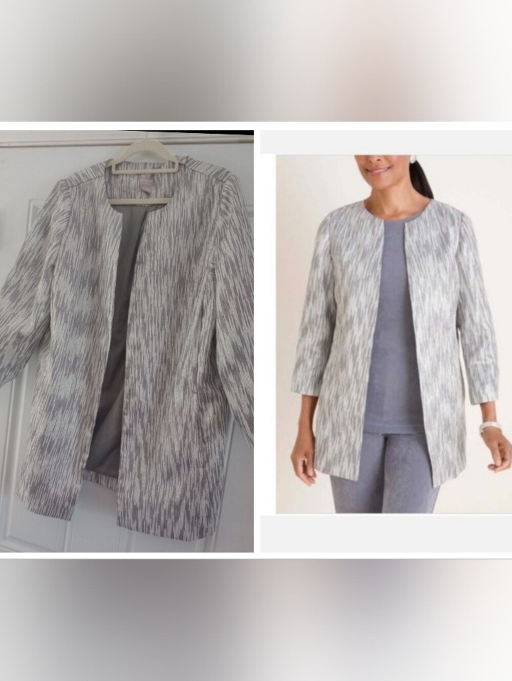 Chicos Traveler's Collection Gray Metallic Silver Lurex Jacket Sz 2/ US 12/14